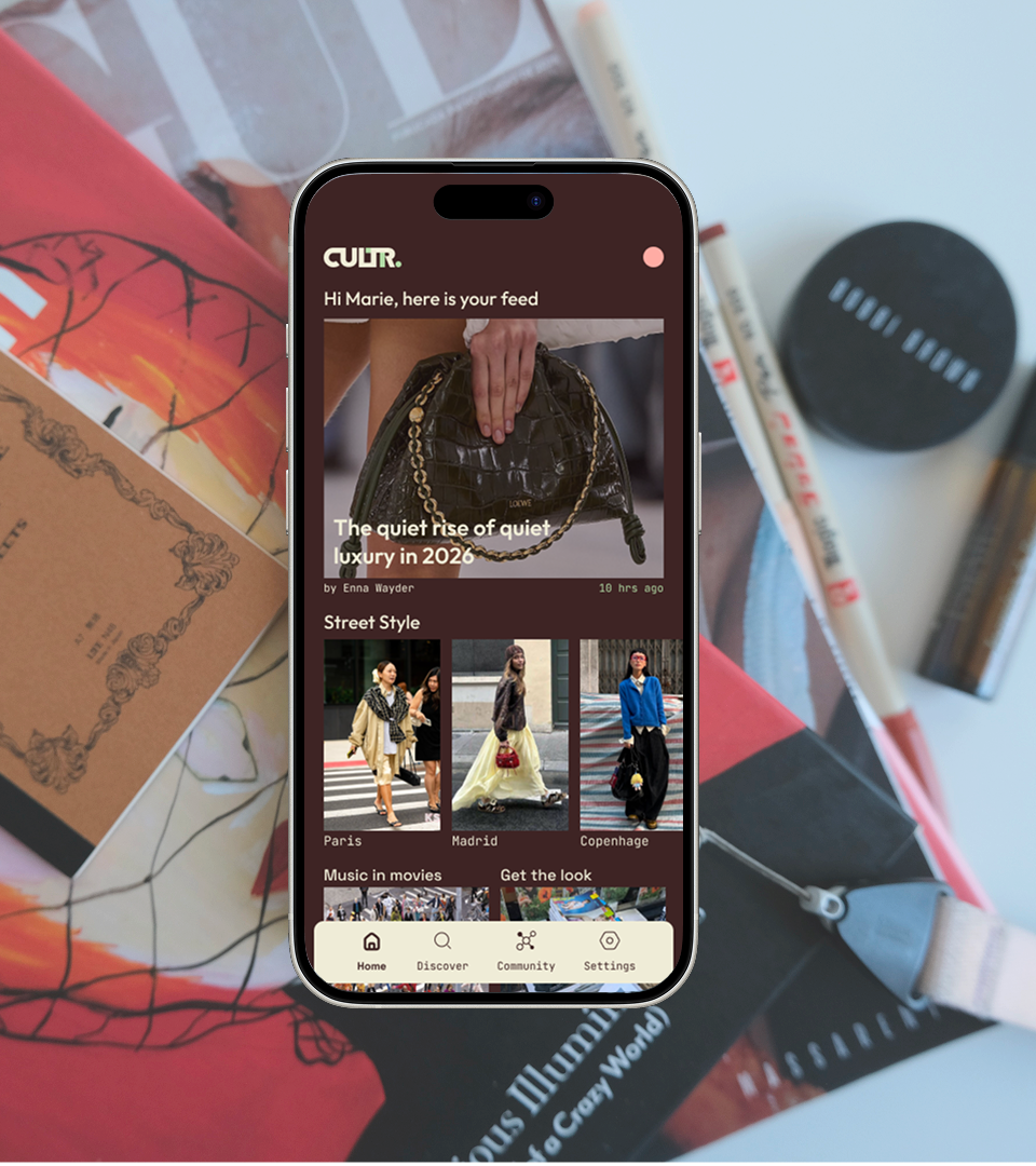 CULTR app shown on a phone against a dark editorial background