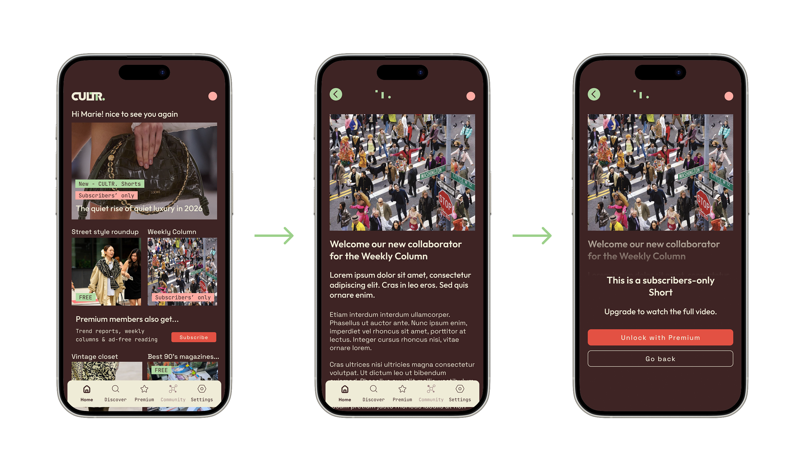 Three phones: old paywall flow → new feed with banners → subscriber-only modal