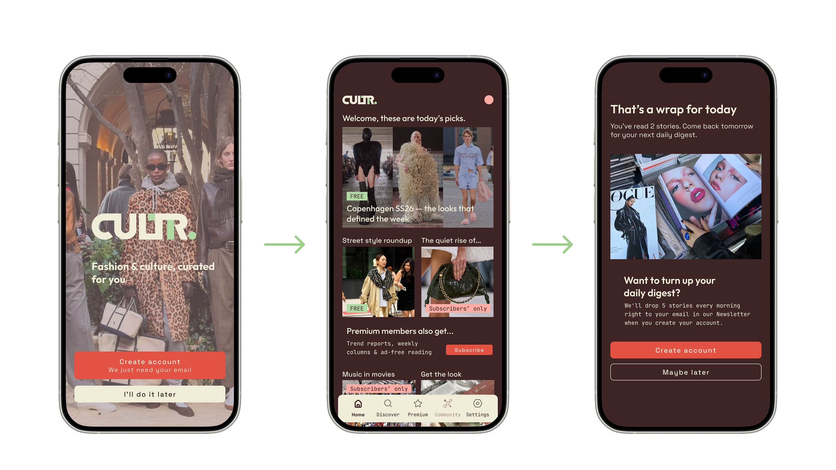 Three phones: before → new welcome feed → daily digest end screen