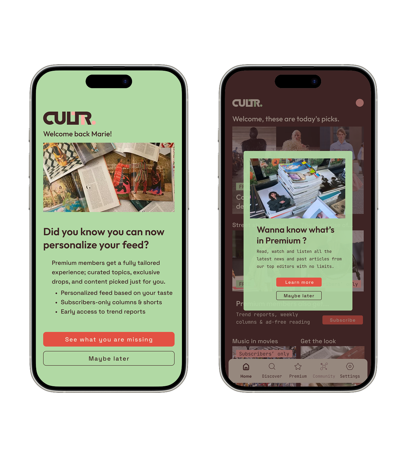 Two phone screens showing the final CULTR subscription experience