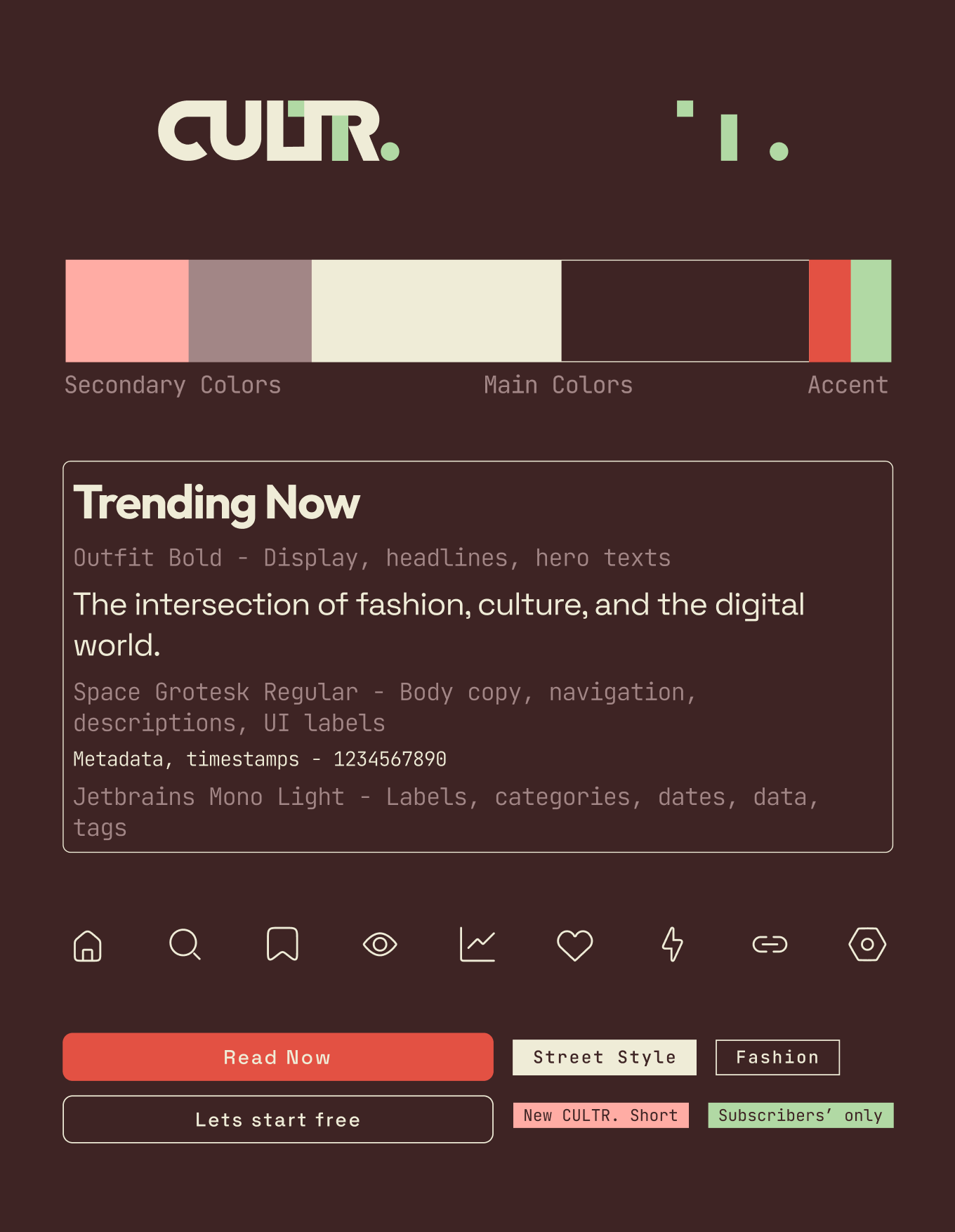 CULTR design system showing logo, colour palette, and typography