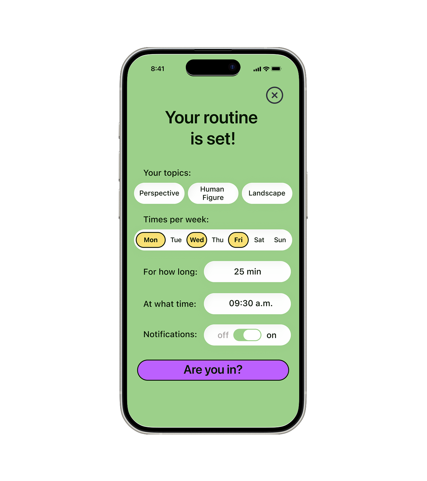 iPhone mockup showing the Draw app routine confirmation screen