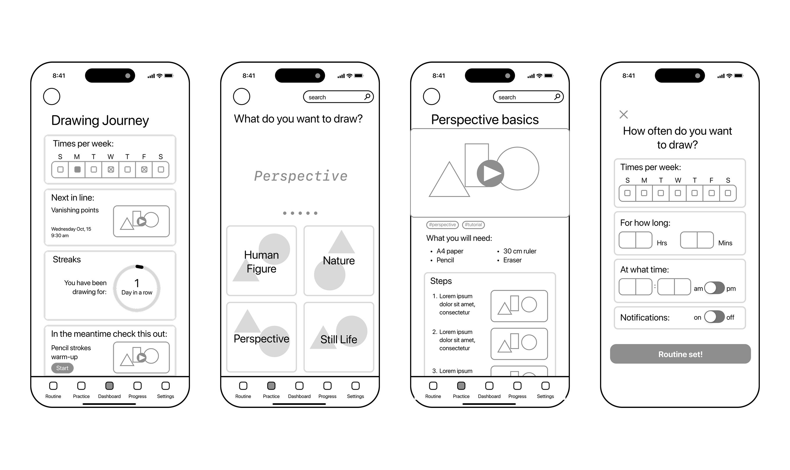 Four digital wireframe screens