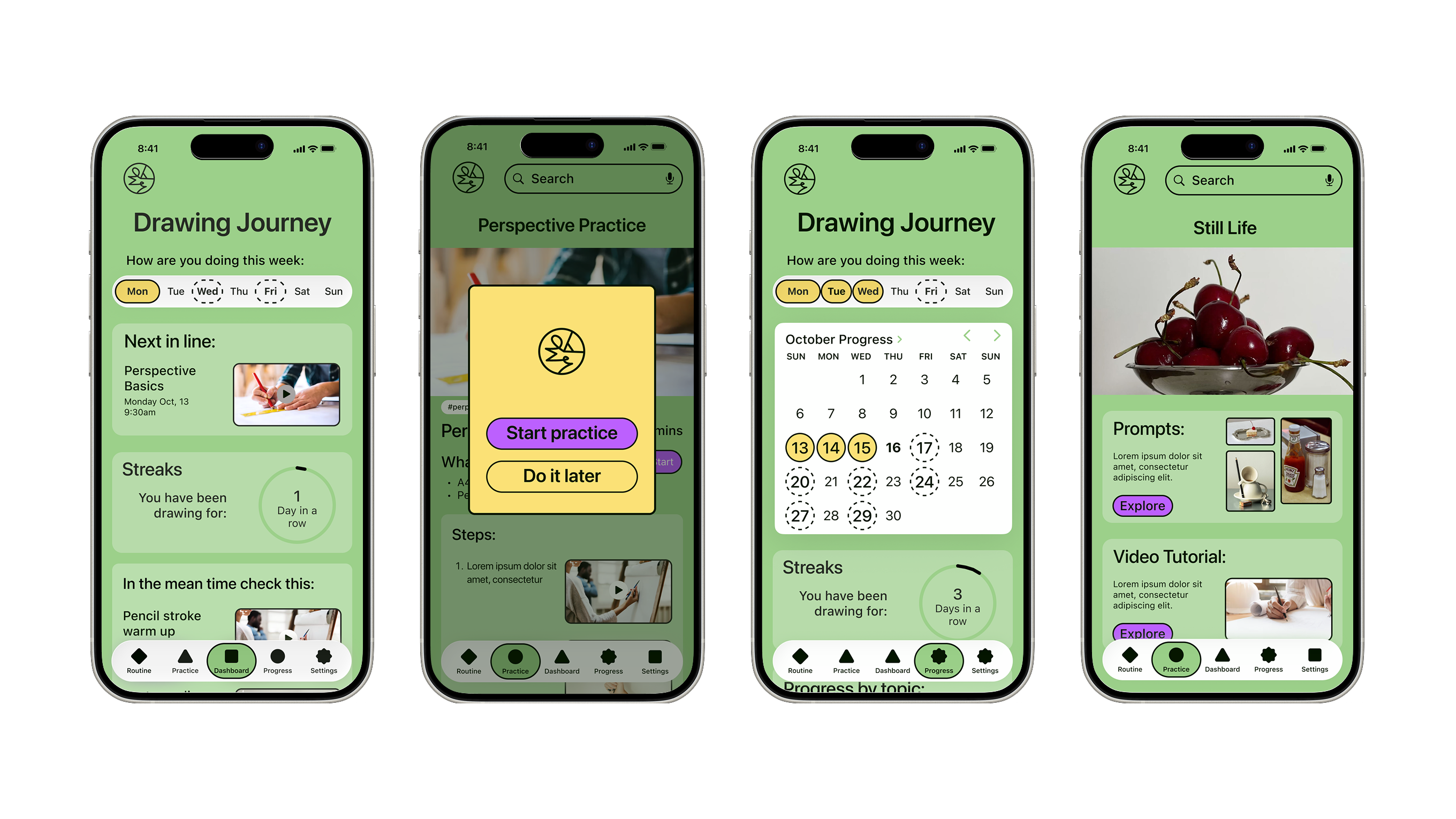 Four hi-fidelity phone screens displayed side by side