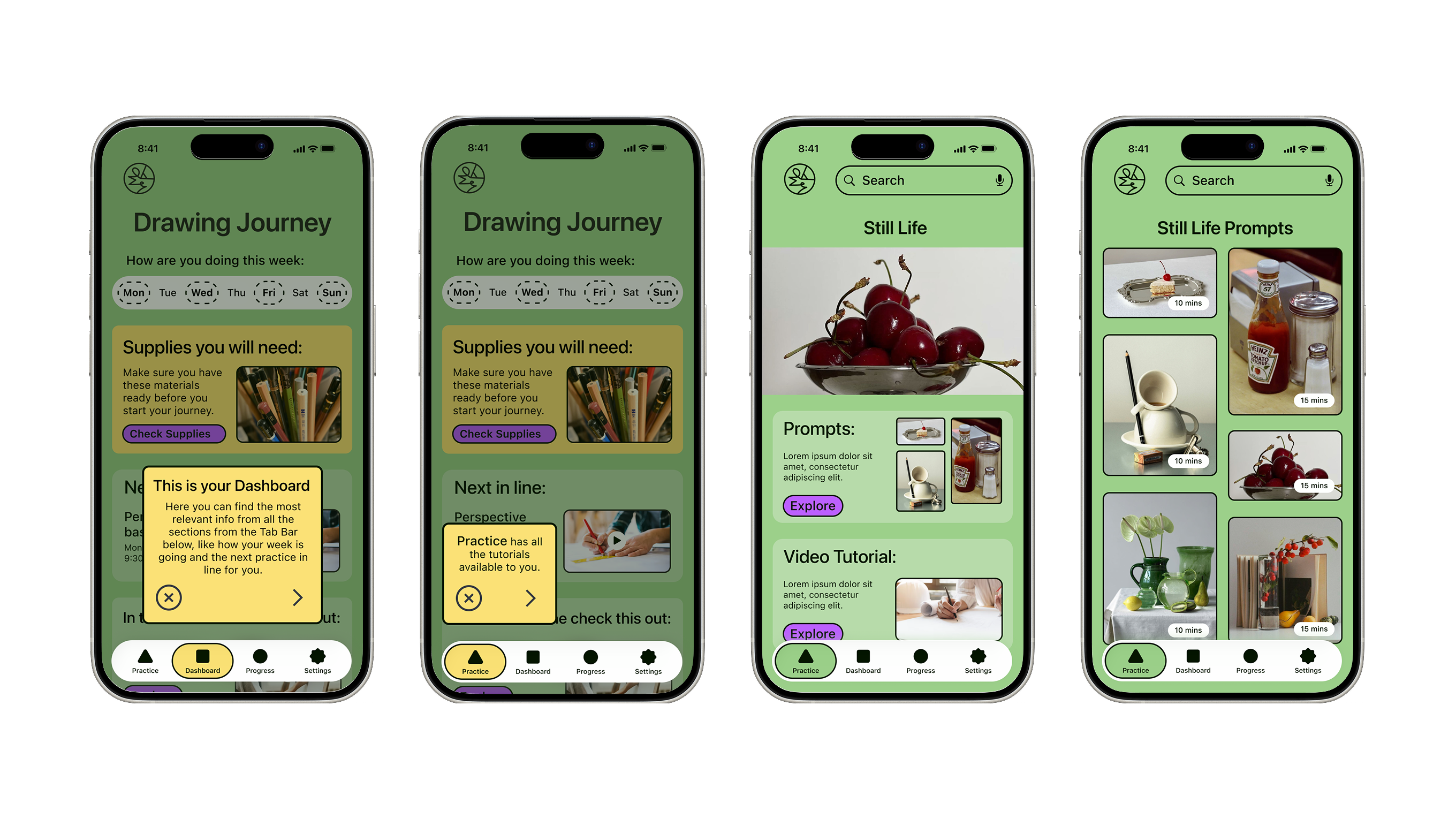 Four phone screens showing the revised UI after testing