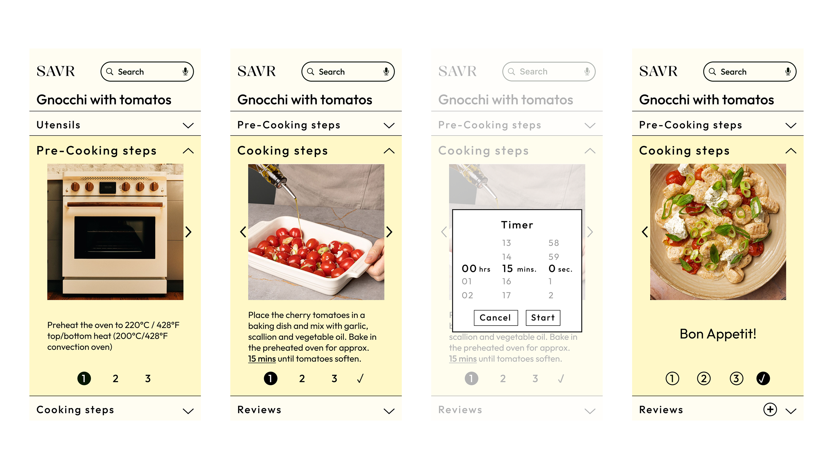 Four prototype screens: Utensils, Pre-Cooking steps, Cooking steps with timer, Bon Appétit