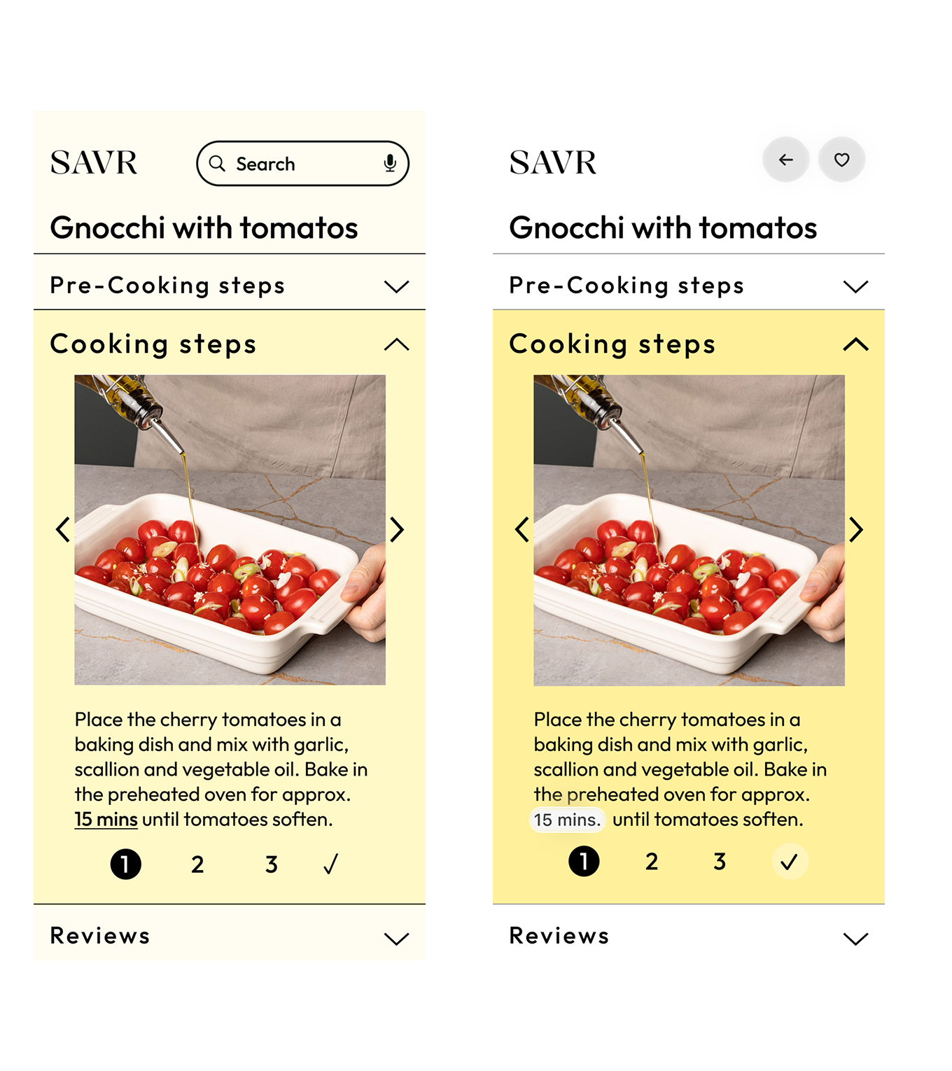 Two phone screens showing the recipe interface evaluated during testing