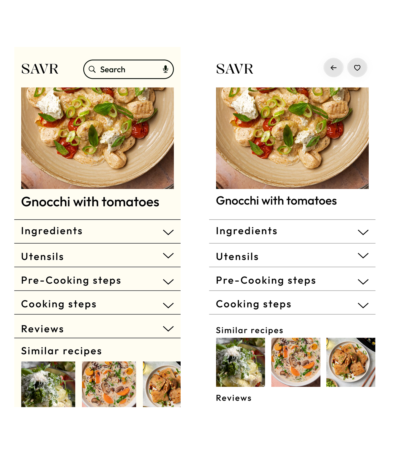 Two phone screens highlighting next-step improvements to the SAVR recipe flow