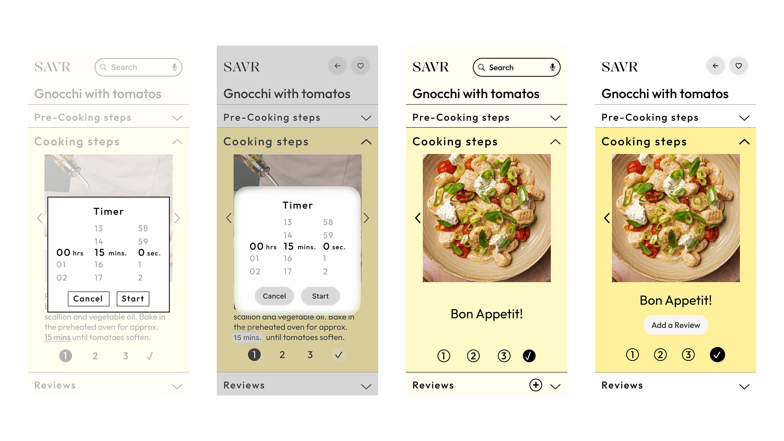 Four revised screens showing cooking steps, timer, and Bon Appétit completion screen