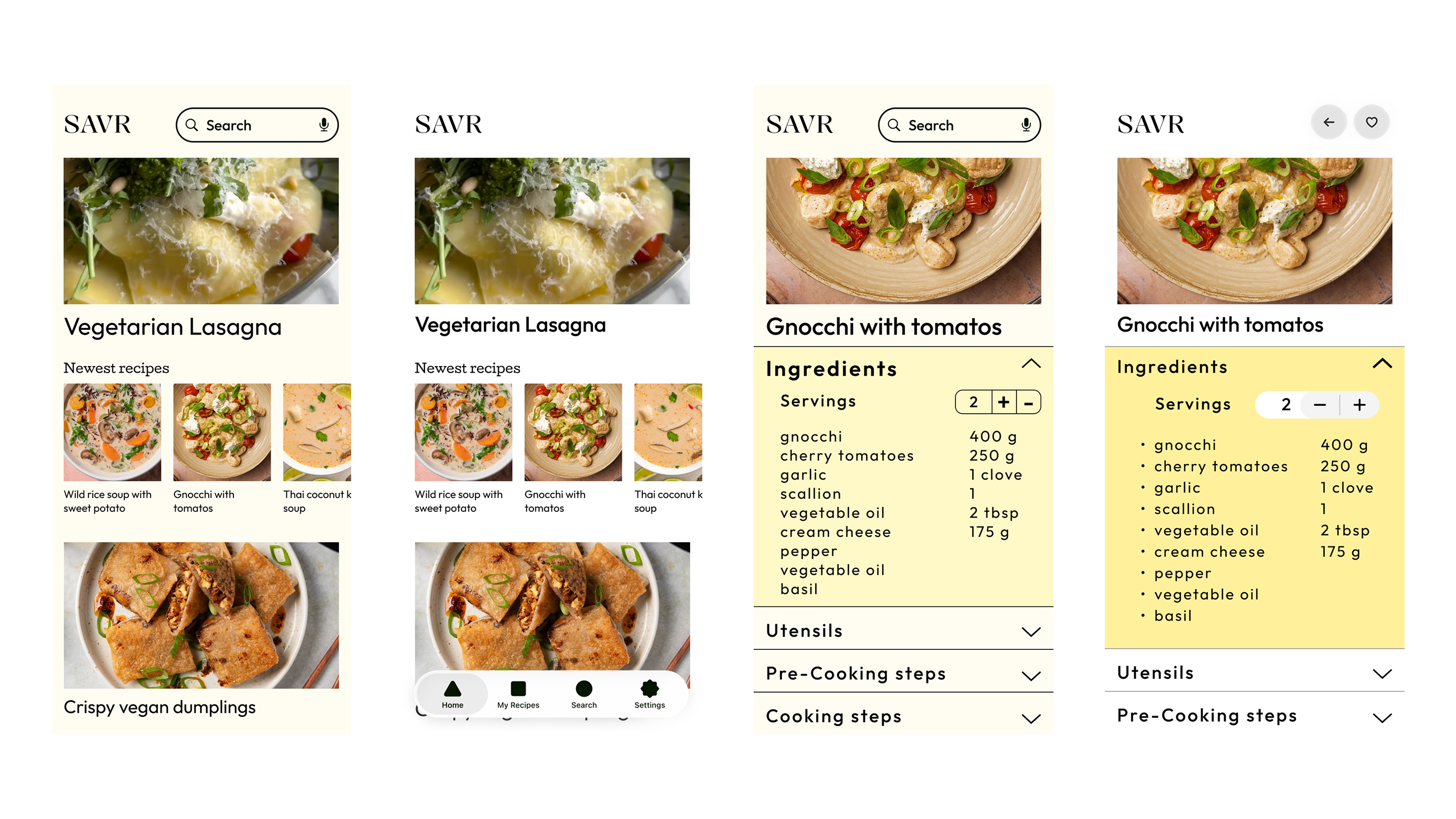 Four final screens showing recipe browsing, ingredients, and similar recipes