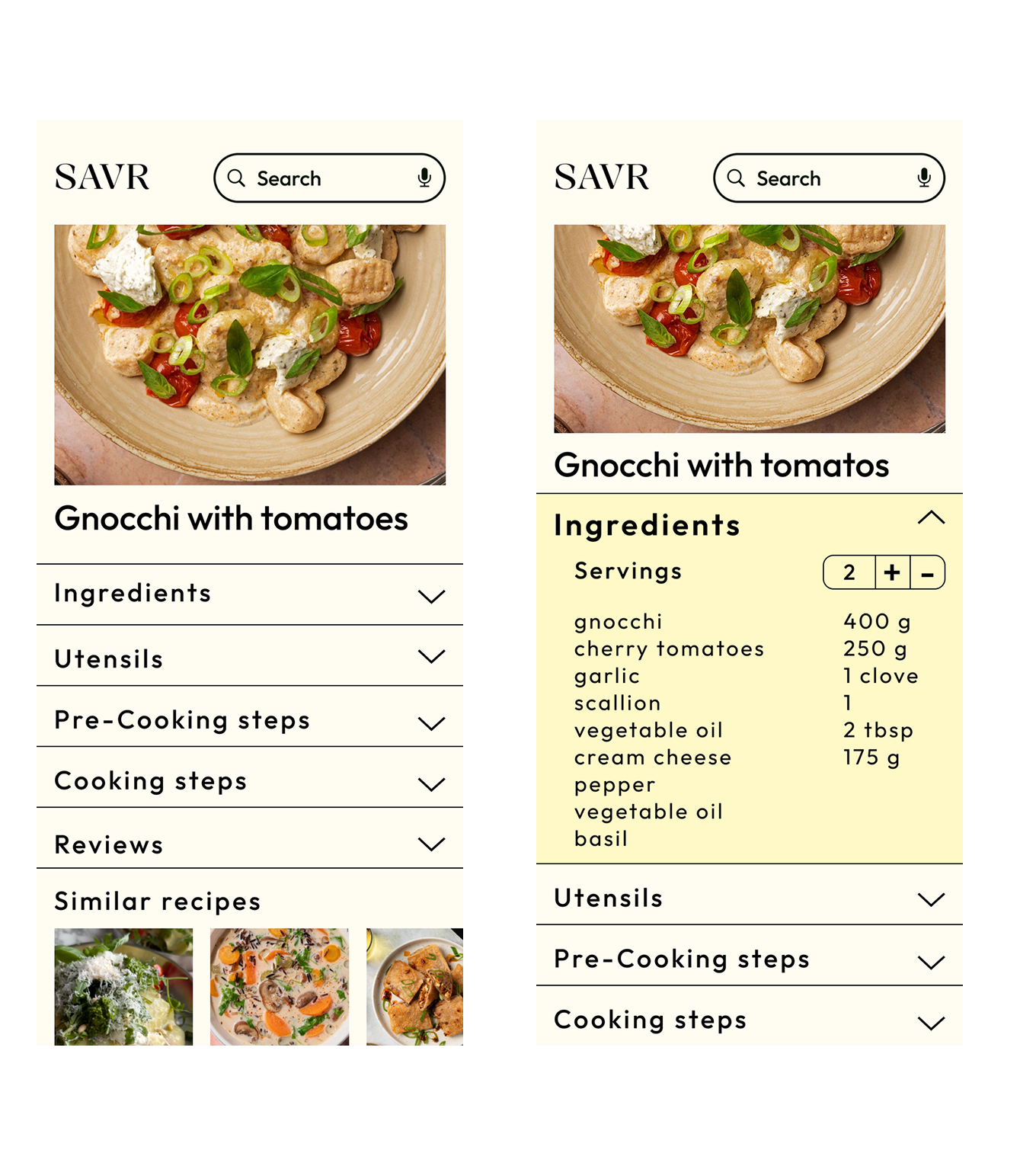Two prototype phone screens showing the expandable recipe tab layout