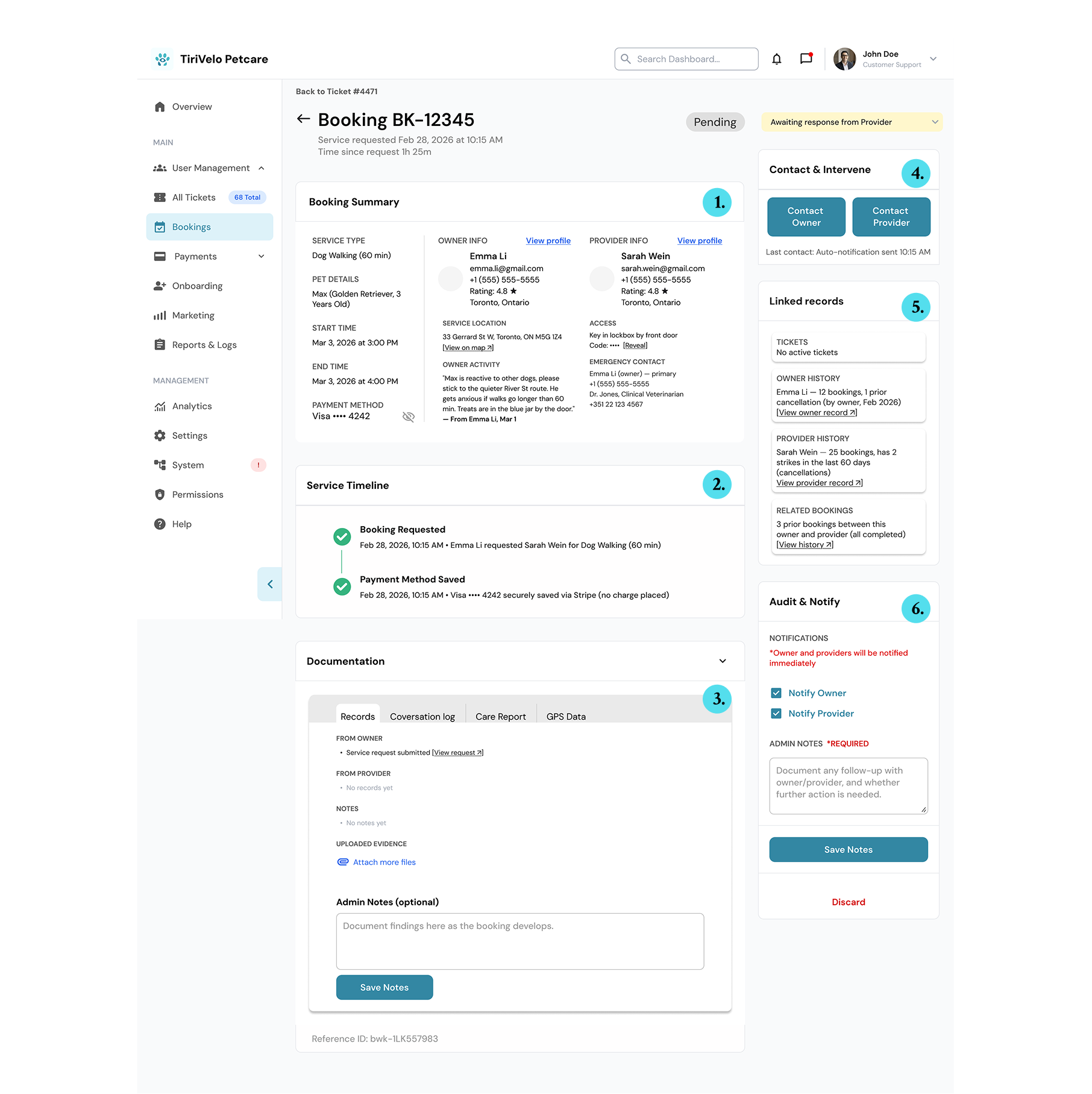 Booking detail page showing all six sections for an active booking state