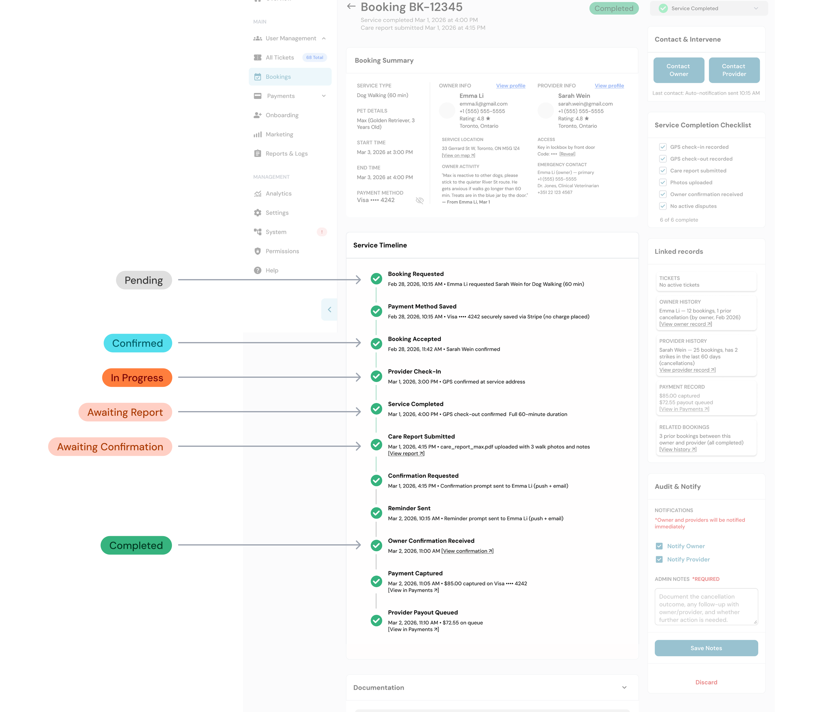 Booking detail screens for the confirmed, in-progress, and completed states