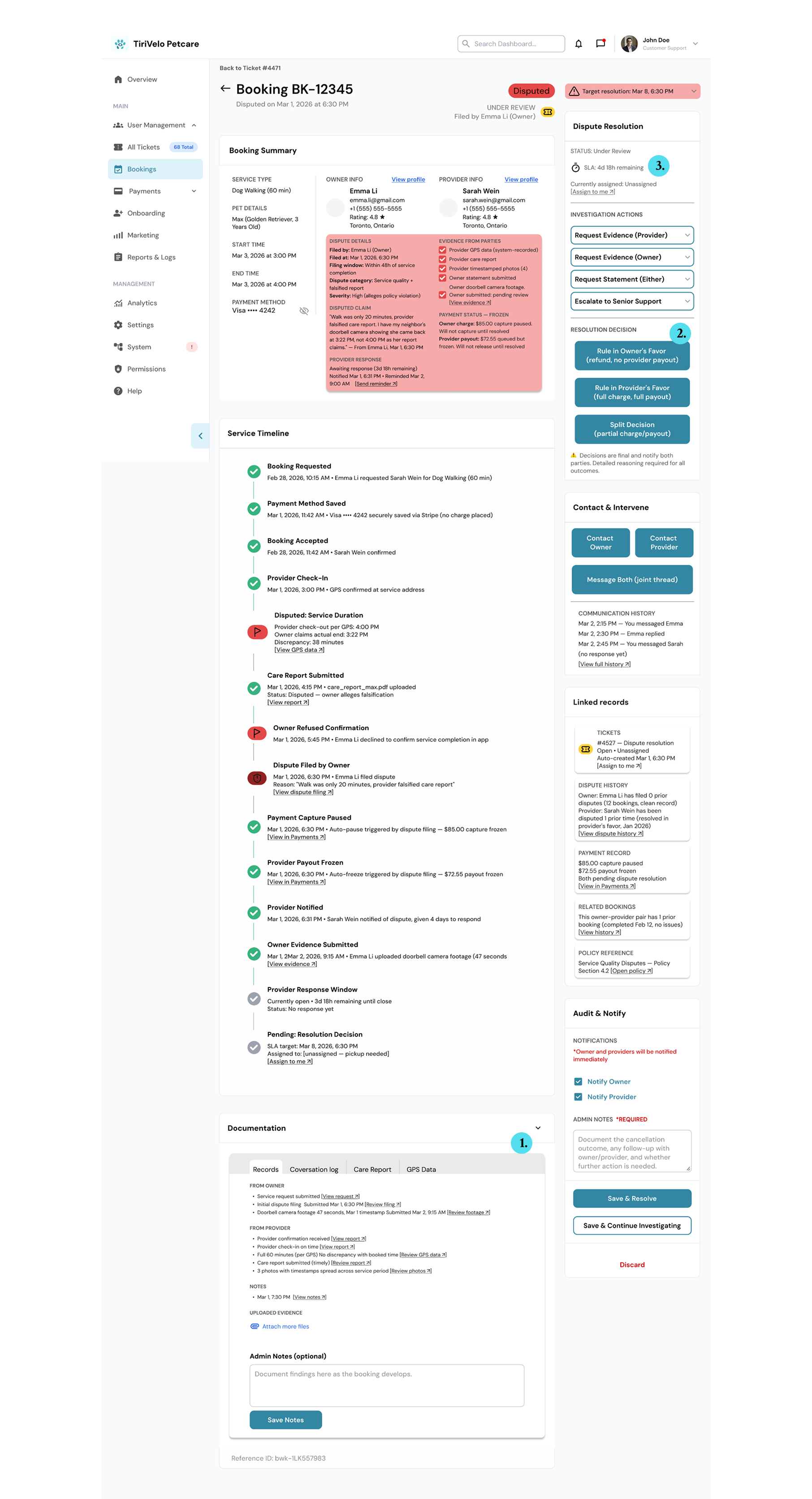 Disputed booking detail showing investigation cards and three-way resolution interface