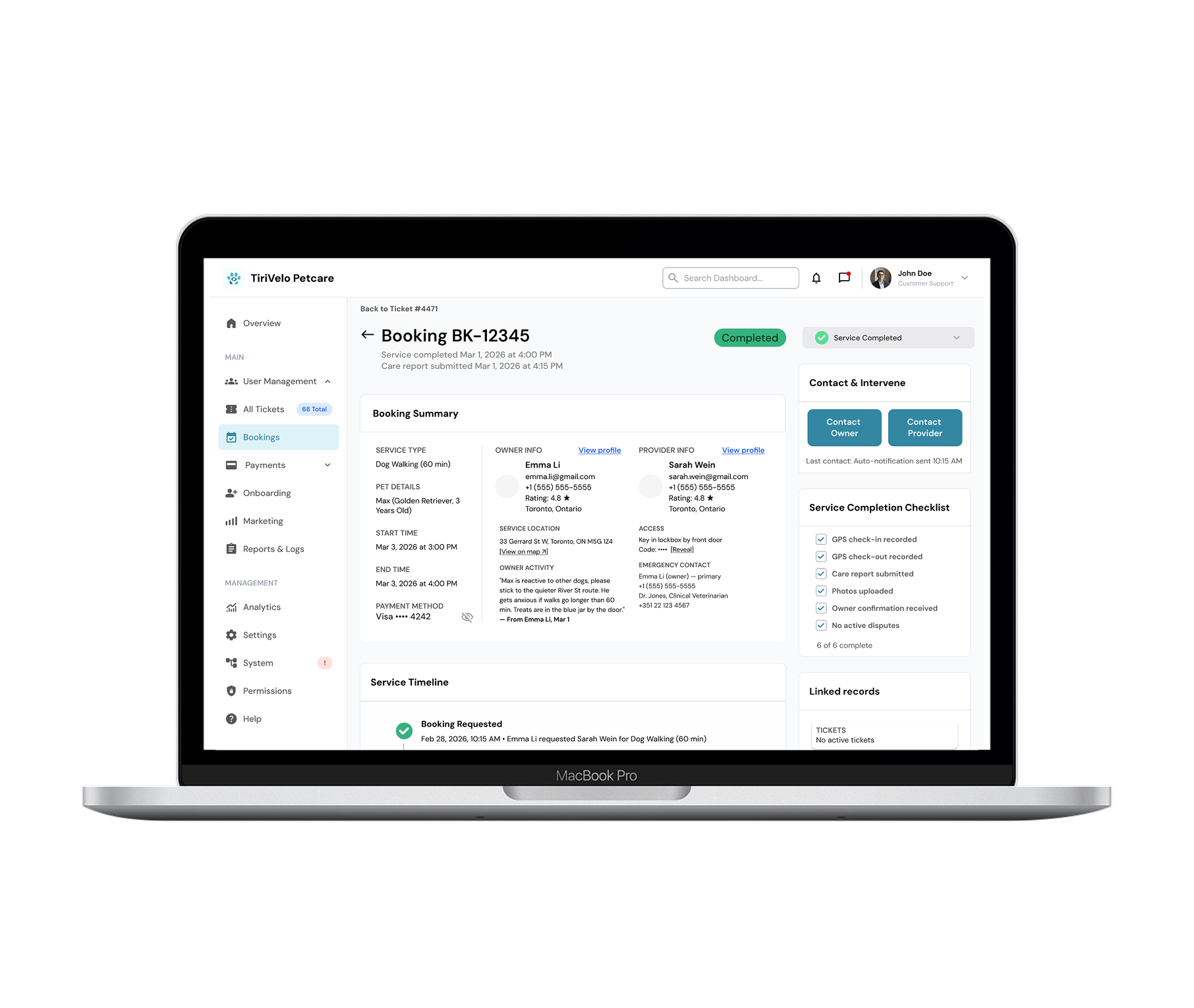 MacBook mockup showing the TiriVelo admin dashboard in a workspace setting
